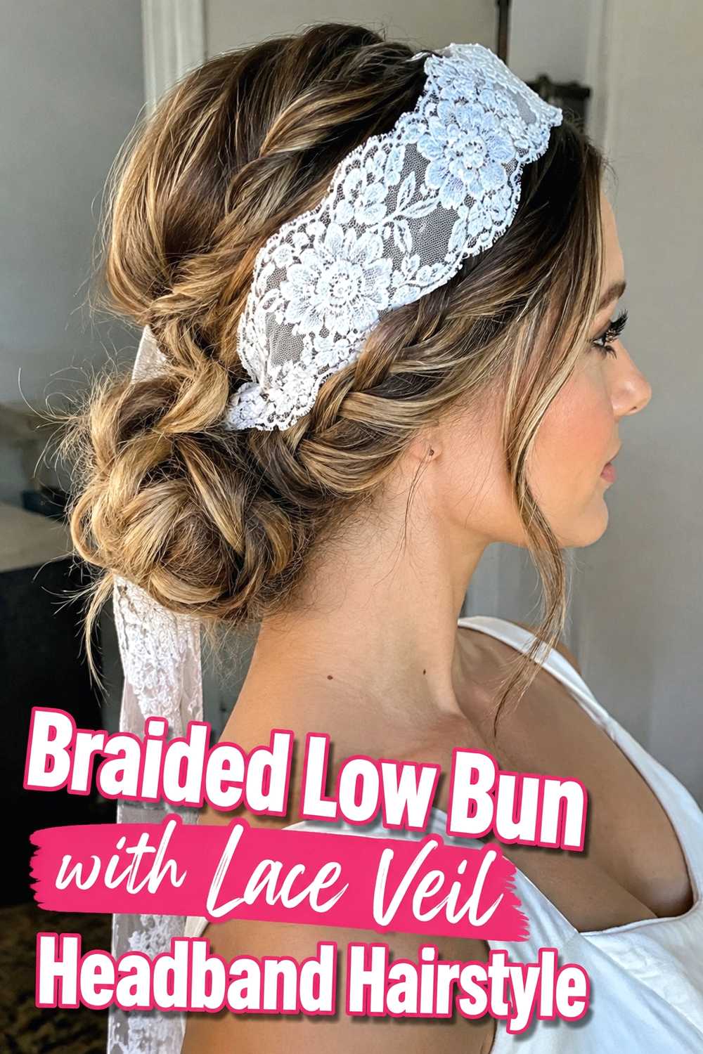 7. Braided Low Bun With Lace Veil Headband Hairstyle