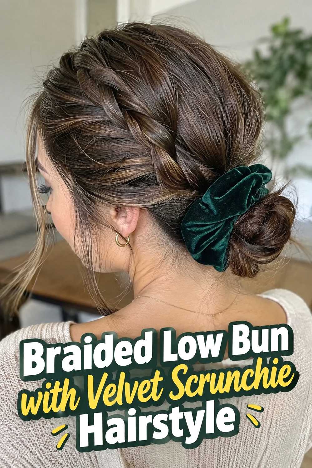 5. Braided Low Bun With Velvet Scrunchie Hairstyle