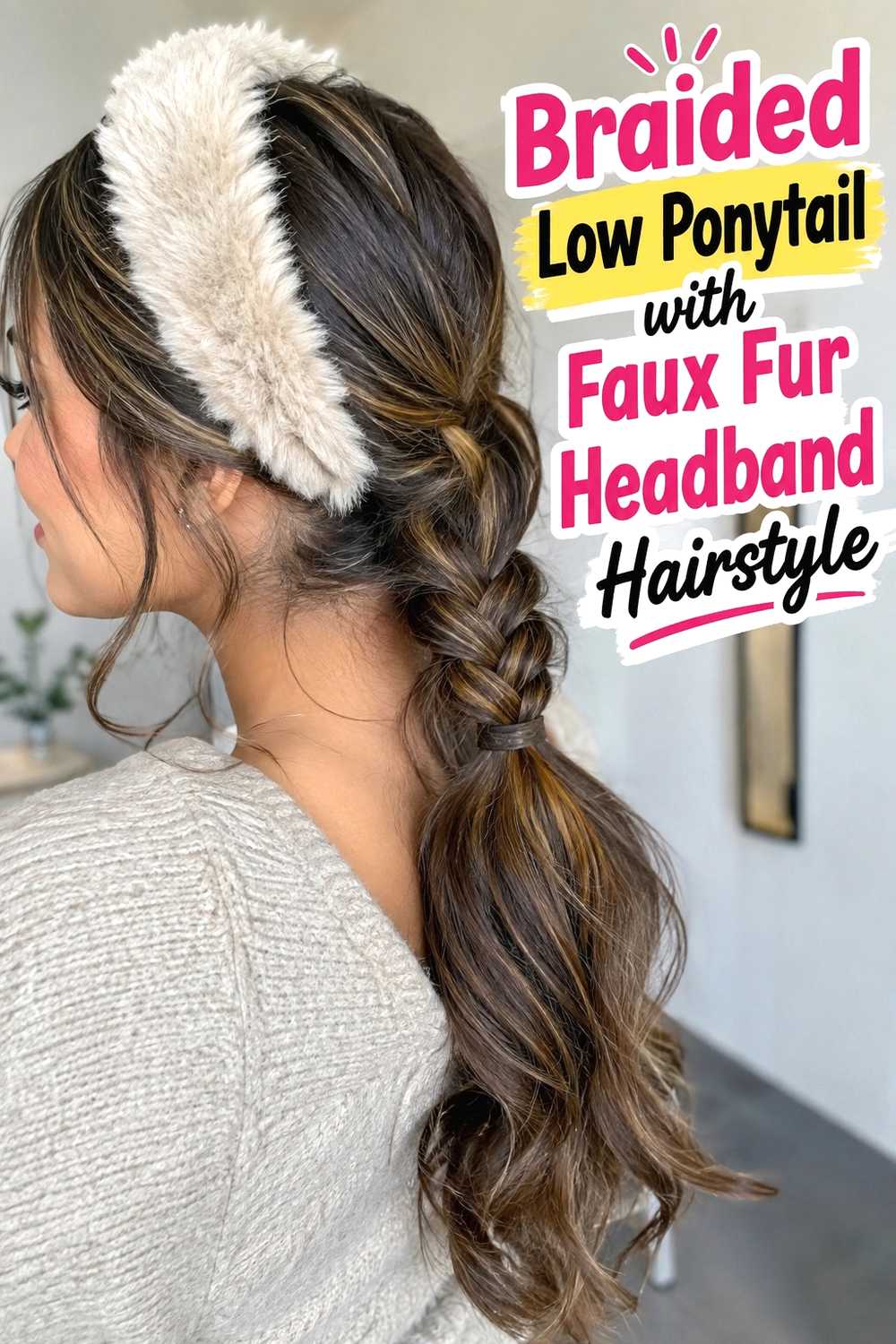 7. Braided Low Ponytail With Faux Fur Headband Hairstyle