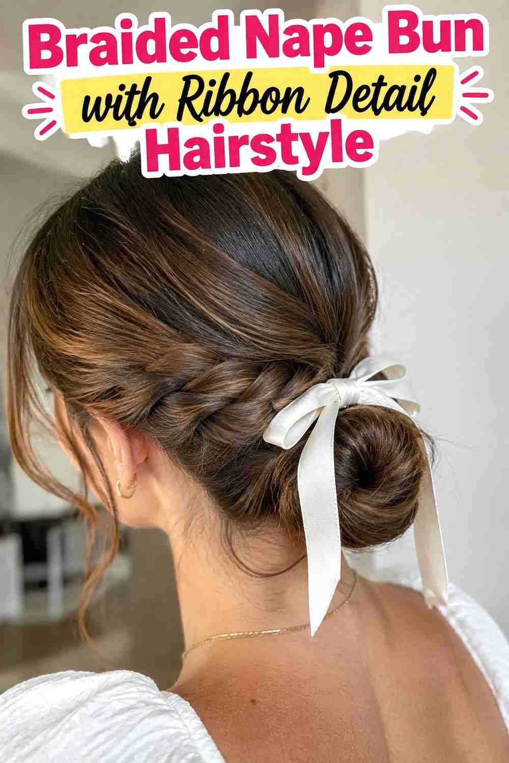 12. Braided Nape Bun With Ribbon Detail Hairstyle