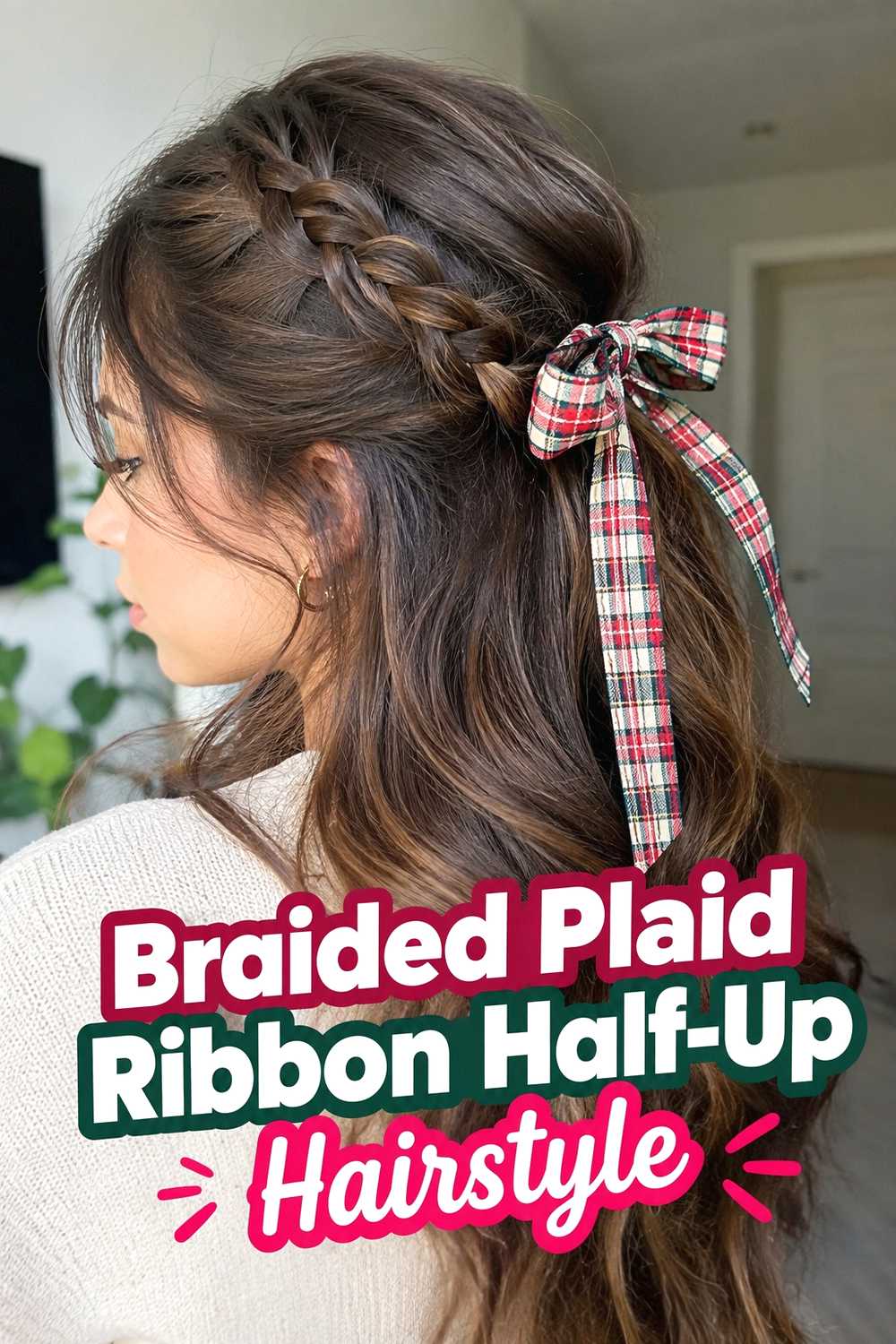 4. Braided Plaid Ribbon Half Up Hairstyle