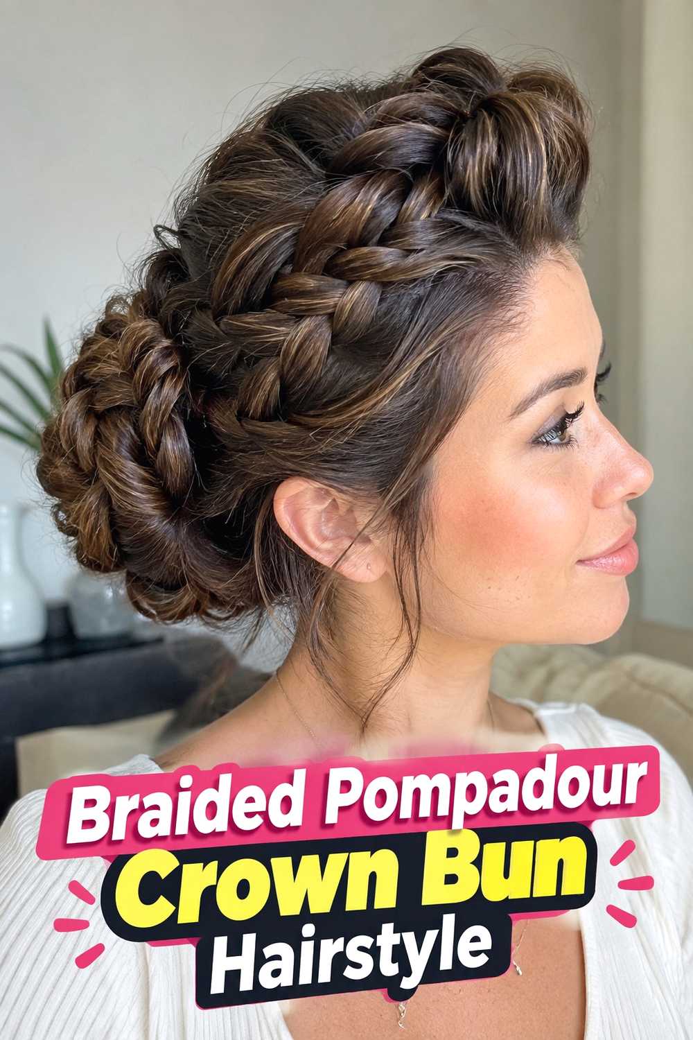 6. Braided Pompadour Crown Bun Hairstyle