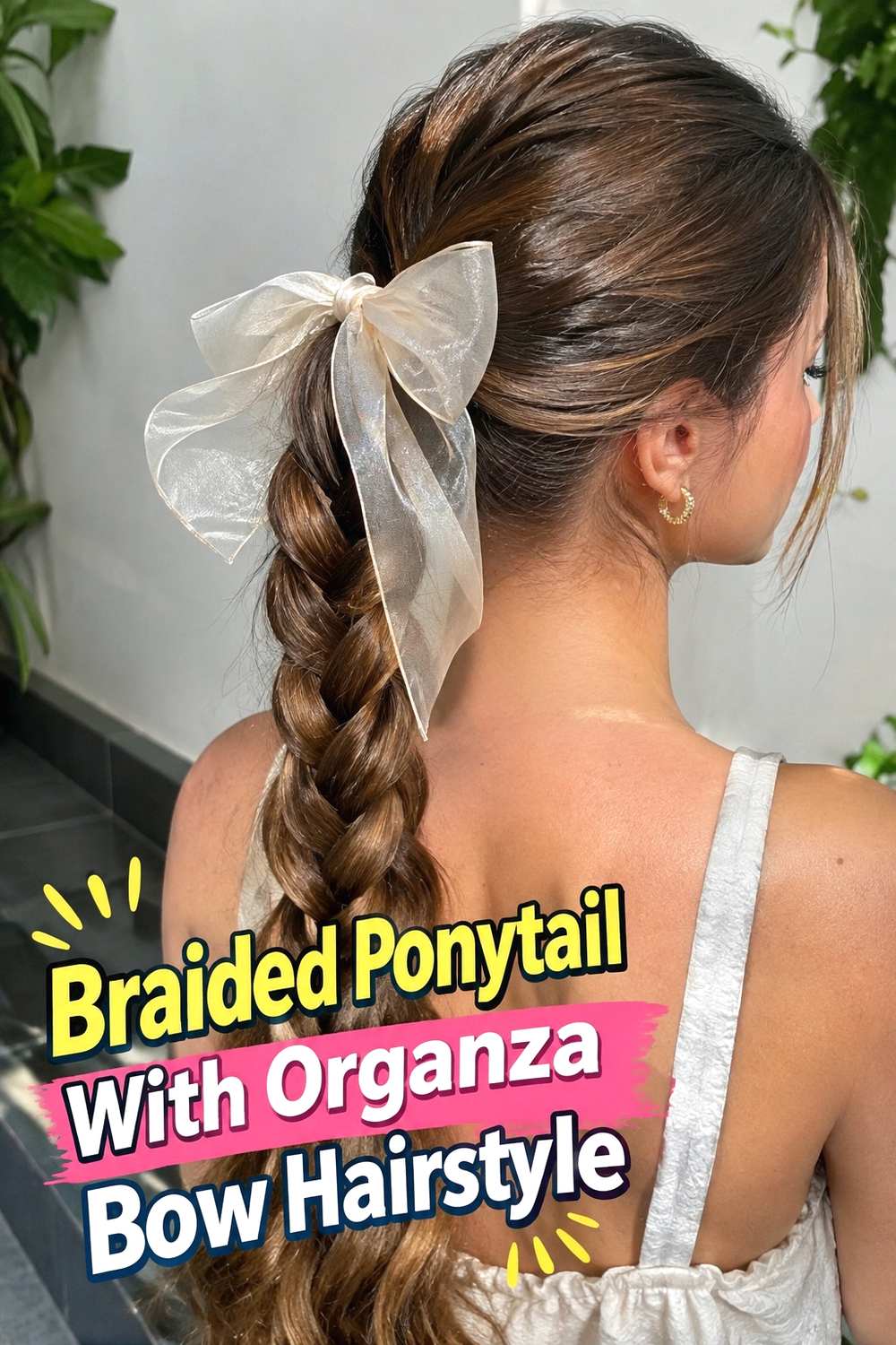7. Braided Ponytail With Organza Bow Hairstyle