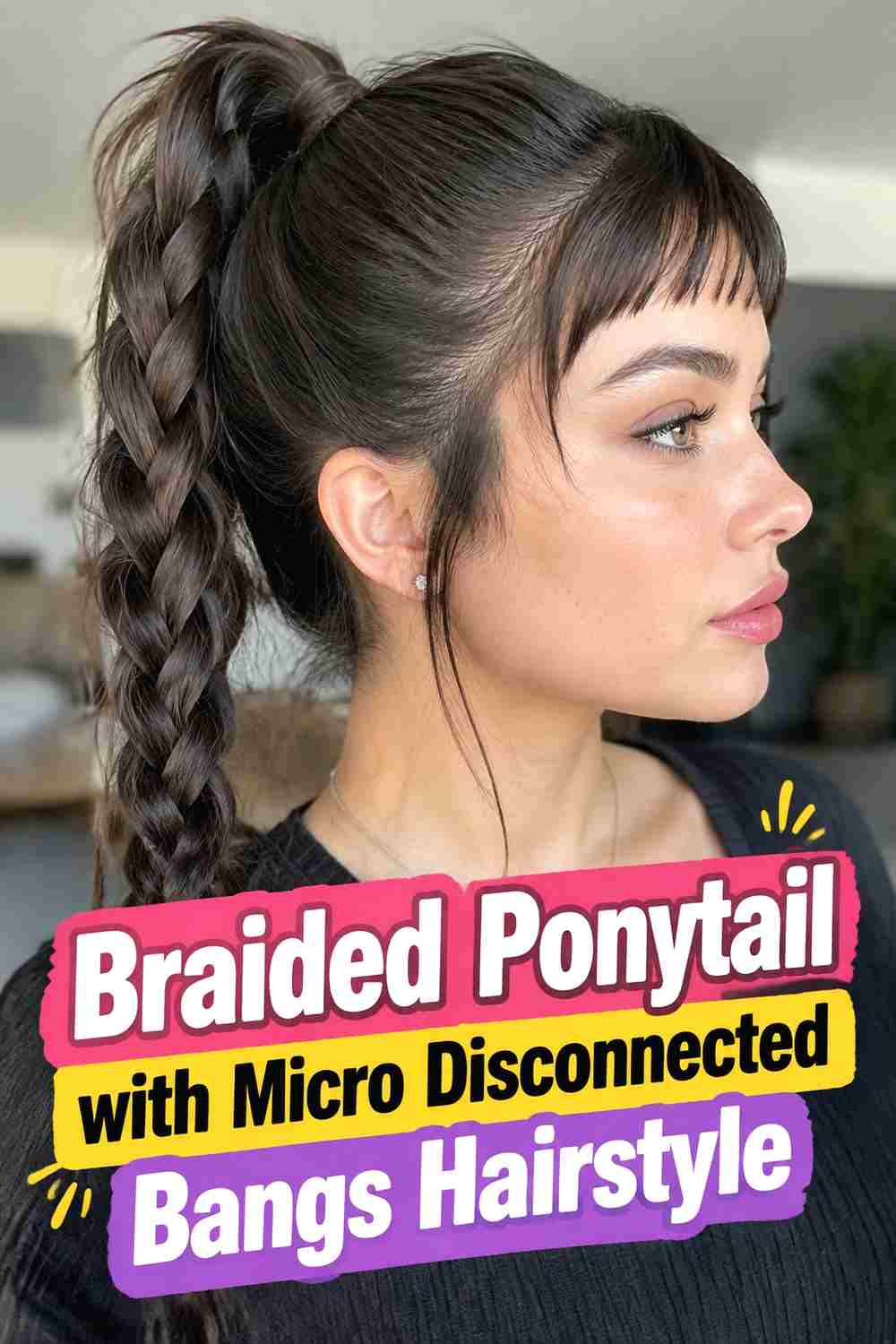 5. Braided Ponytail With Micro Disconnected Bangs Hairstyle