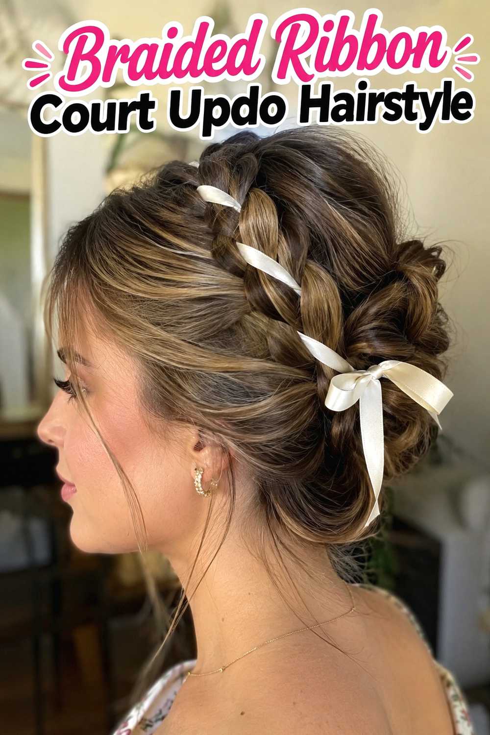 6. Braided Ribbon Court Updo Hairstyle