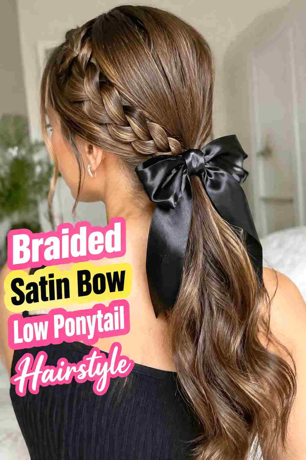 7. Braided Satin Bow Low Ponytail Hairstyle