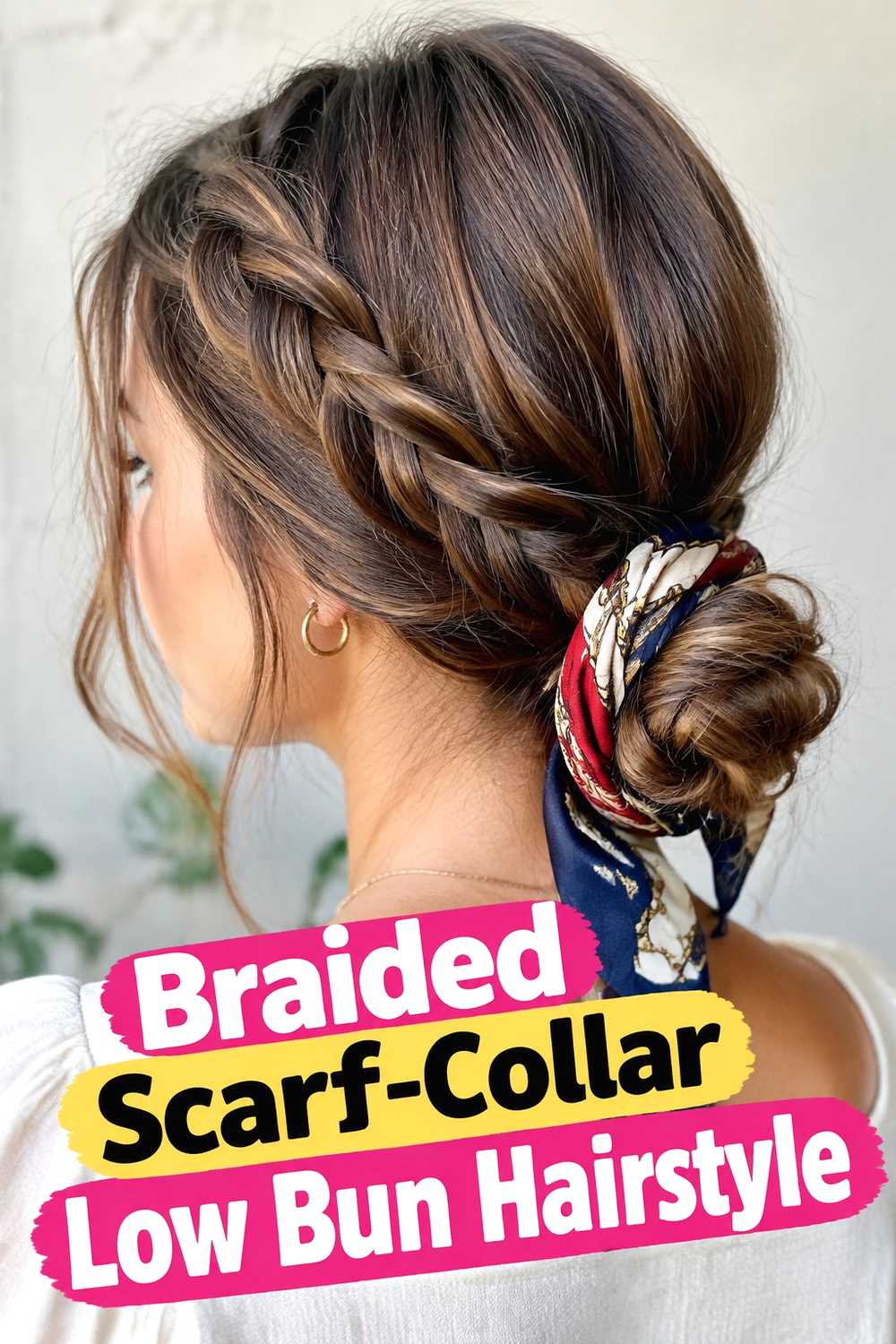 5. Braided Scarf Collar Low Bun Hairstyle