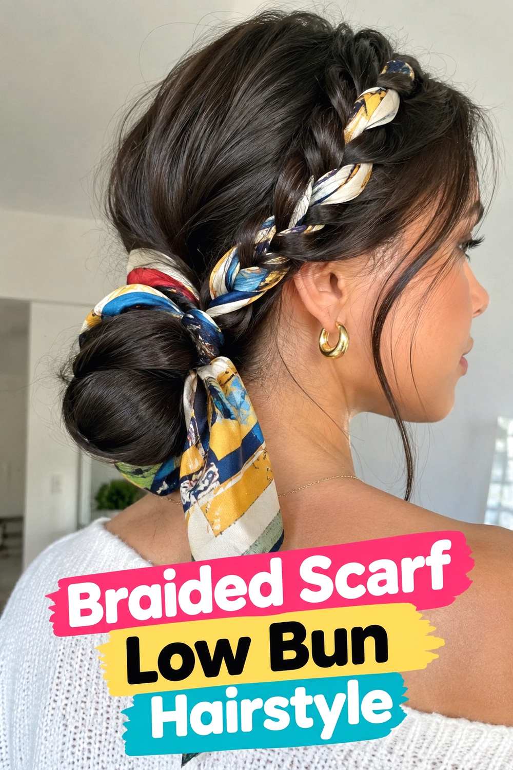 6. Braided Scarf Low Bun Hairstyle