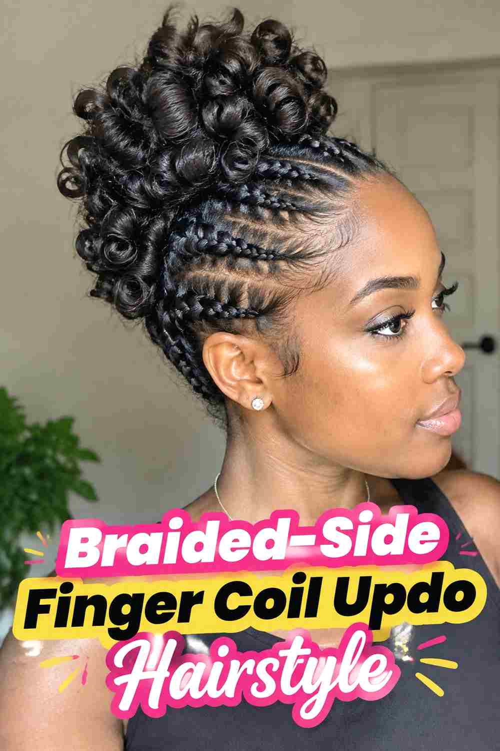 14. Braided Side Finger Coil Updo Hairstyle