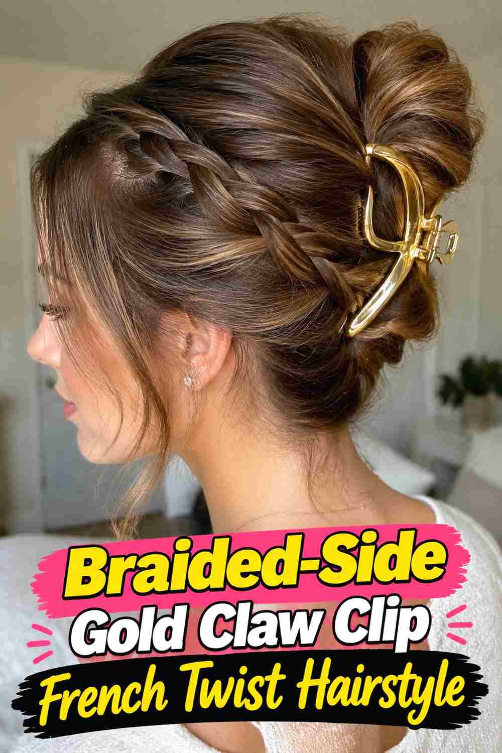 16. Braided Side Gold Claw Clip French Twist Hairstyle