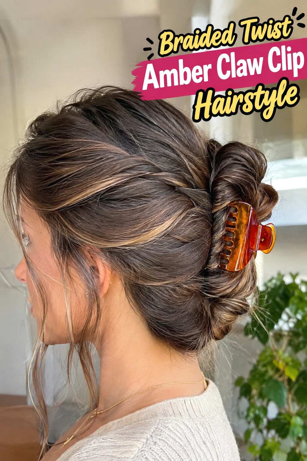 9. Braided Twist Amber Claw Clip Hairstyle