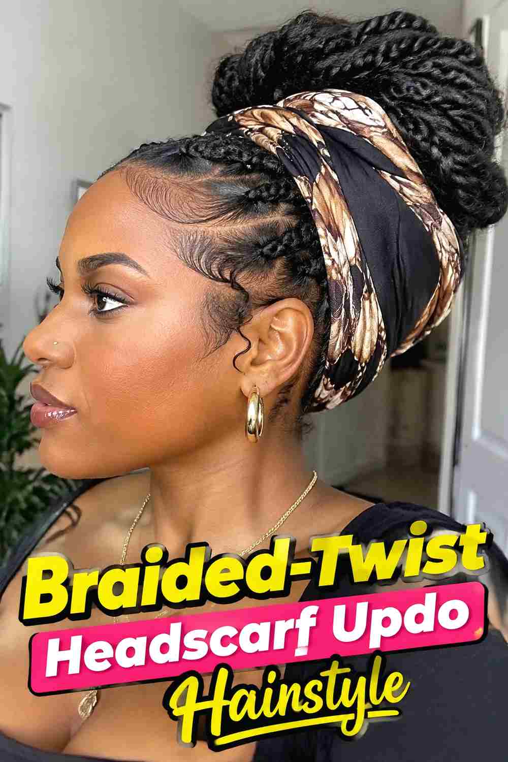 7. Braided Twist Headscarf Updo Hairstyle