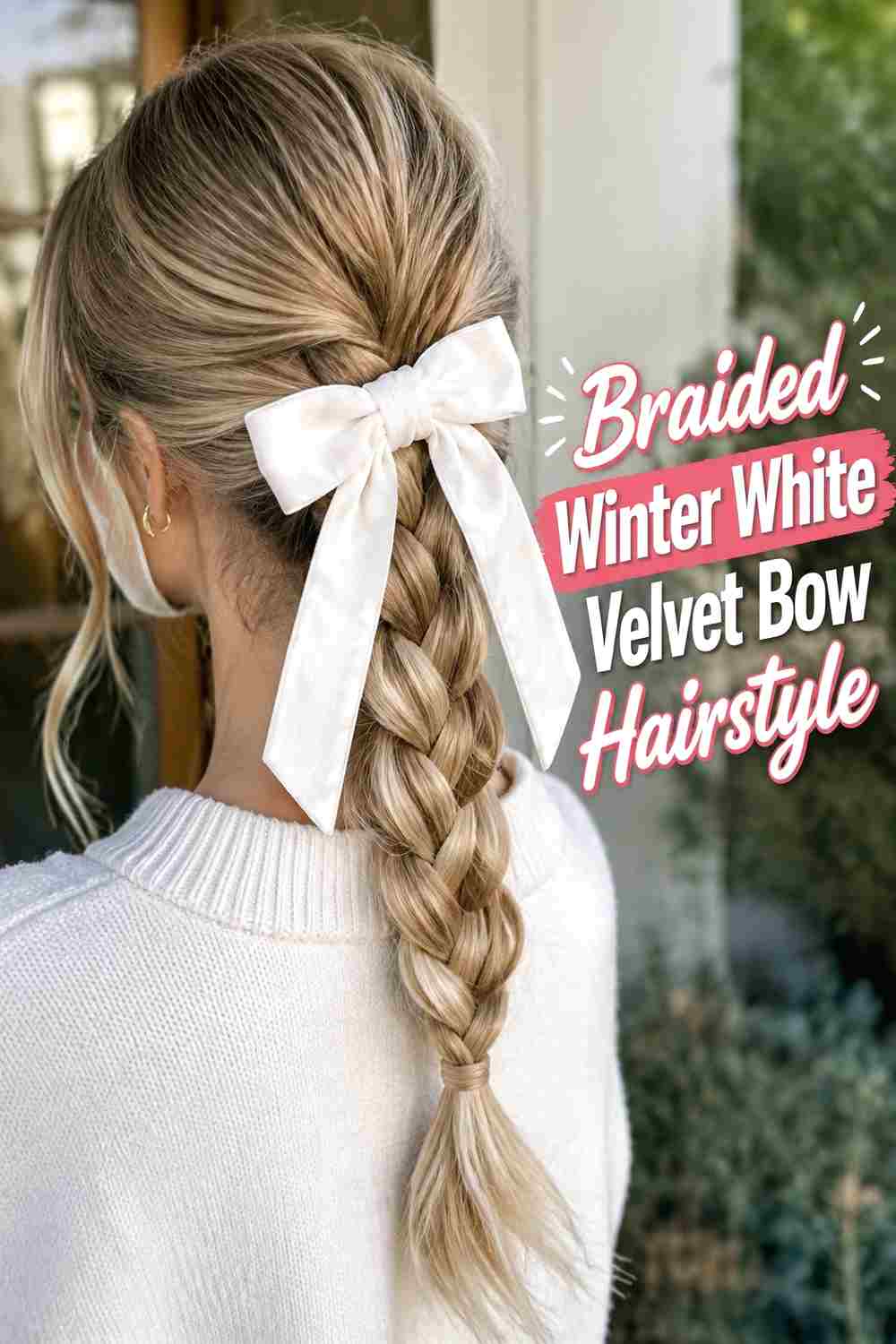 7. Braided Winter White Velvet Bow Hairstyle