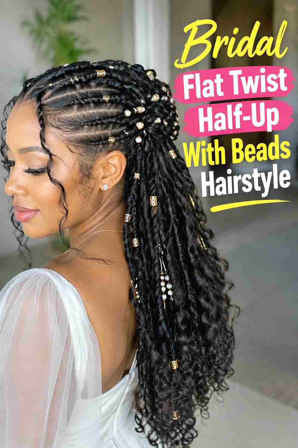 20. Bridal Flat Twist Half Up With Beads Hairstyle