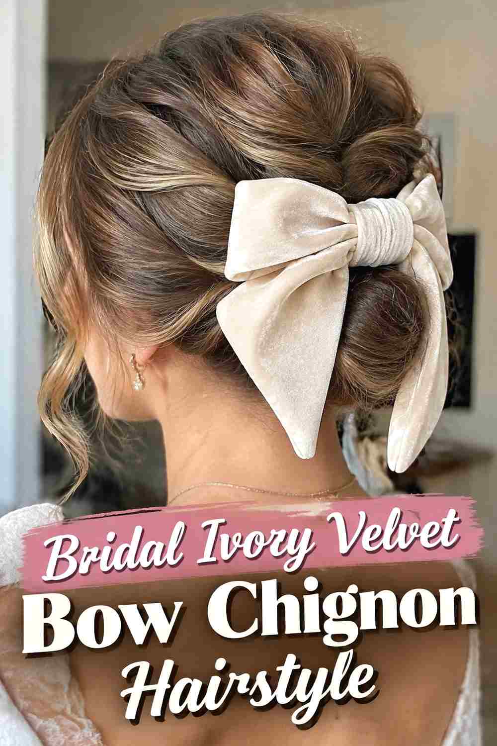 11. Bridal Ivory Velvet Bow Chignon Hairstyle
