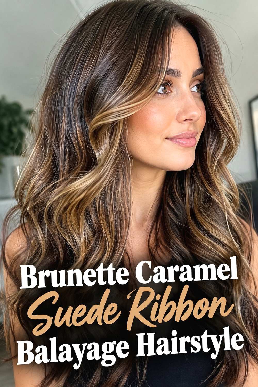 3. Brunette Caramel Suede Ribbon Balayage Hairstyle