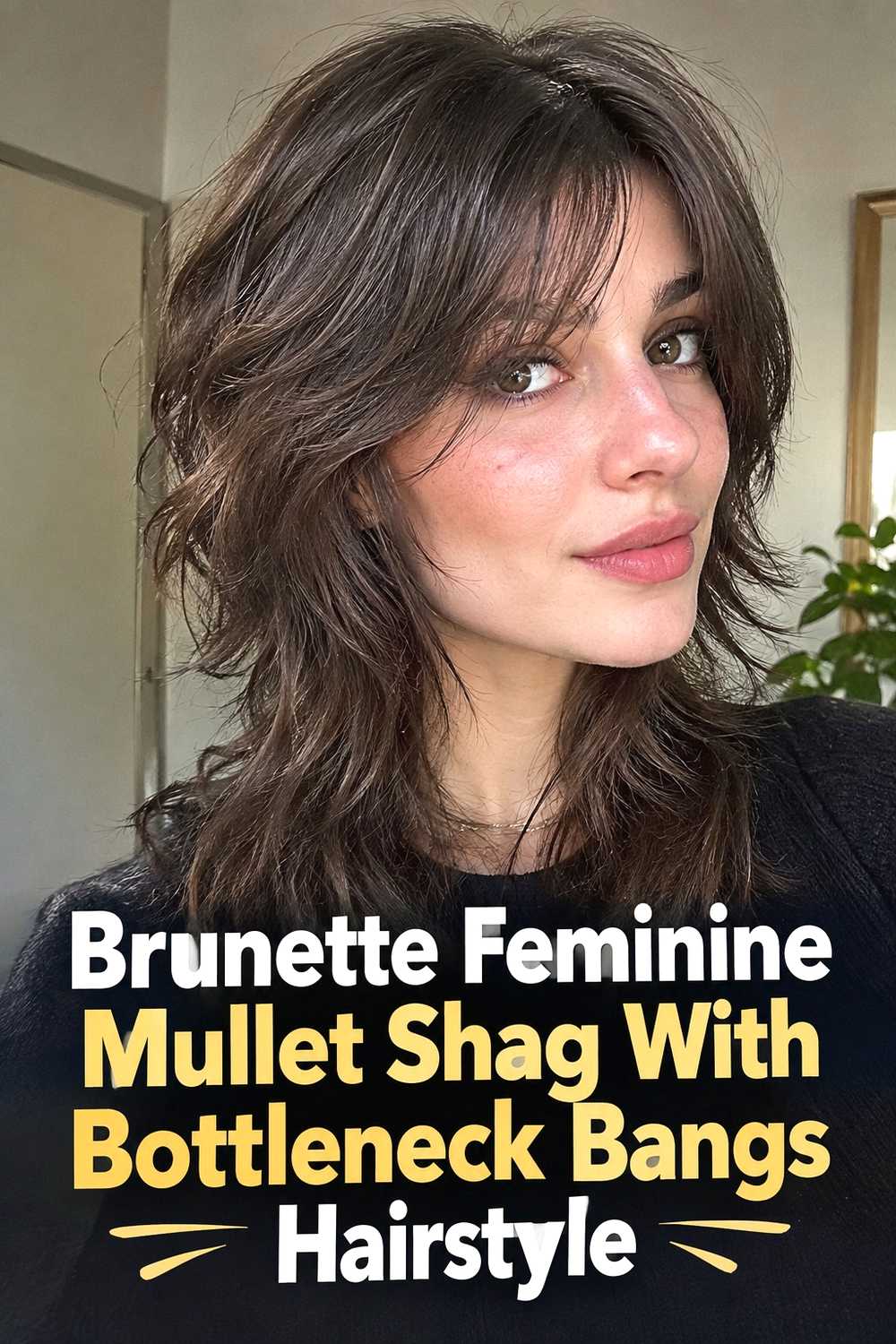 11. Brunette Feminine Mullet Shag With Bottleneck Bangs Hairstyle