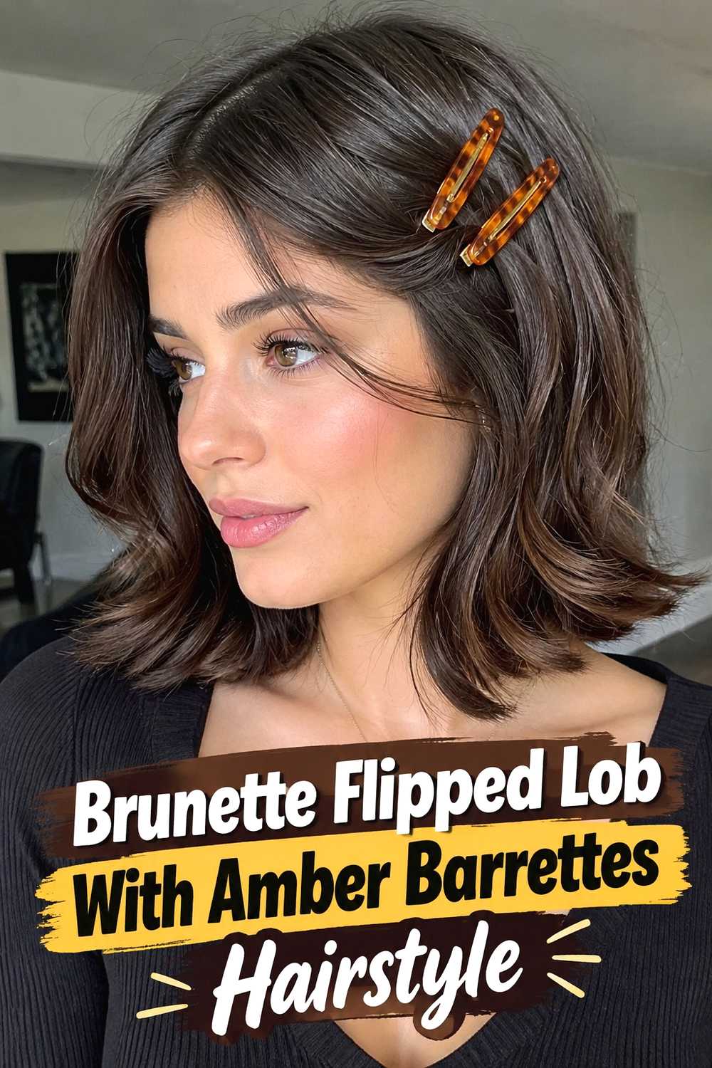 11. Brunette Flipped Lob With Amber Barrettes Hairstyle