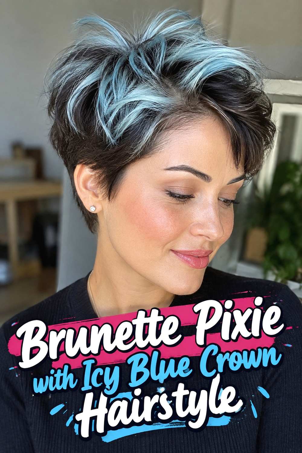 17. Brunette Pixie With Icy Blue Crown Hairstyle
