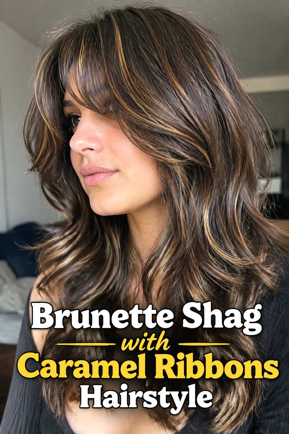 Brunette Shag with Caramel Ribbons Hairstyle