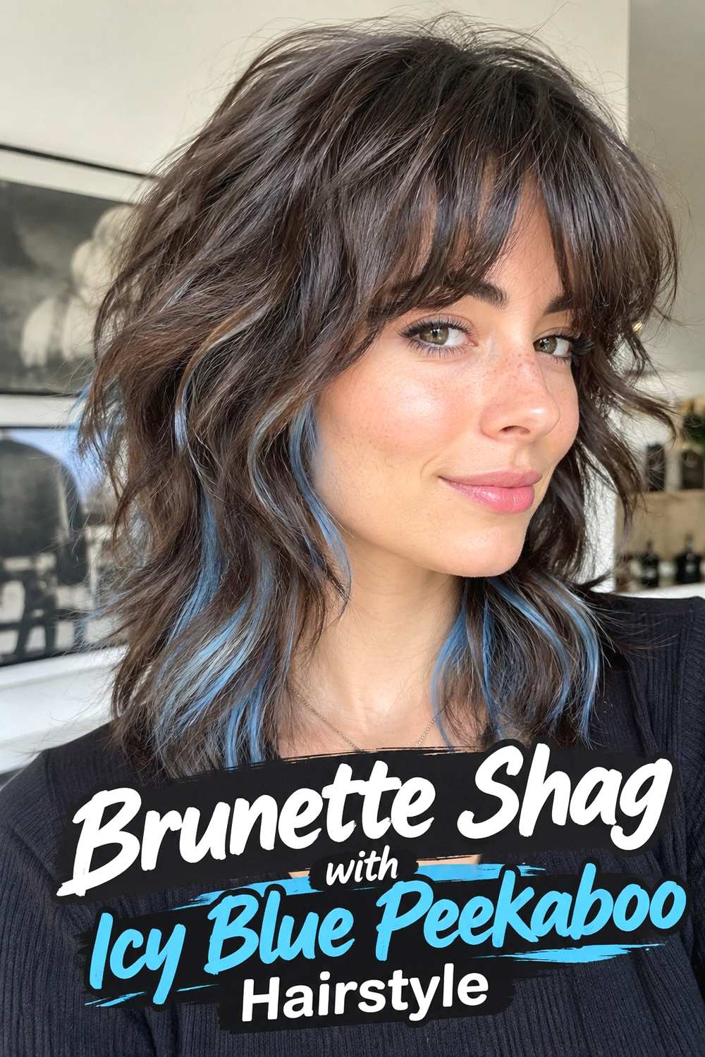 11. Brunette Shag With Icy Blue Peekaboo Hairstyle