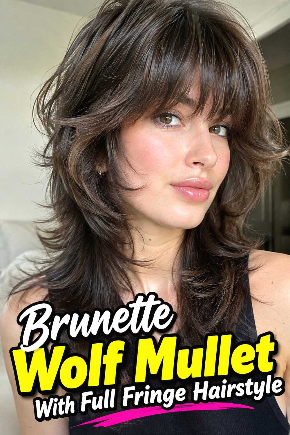 15. Brunette Wolf Mullet With Full Fringe Hairstyle