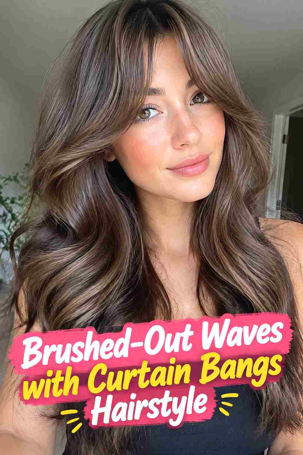 8. Brushed Out Waves With Curtain Bangs Hairstyle