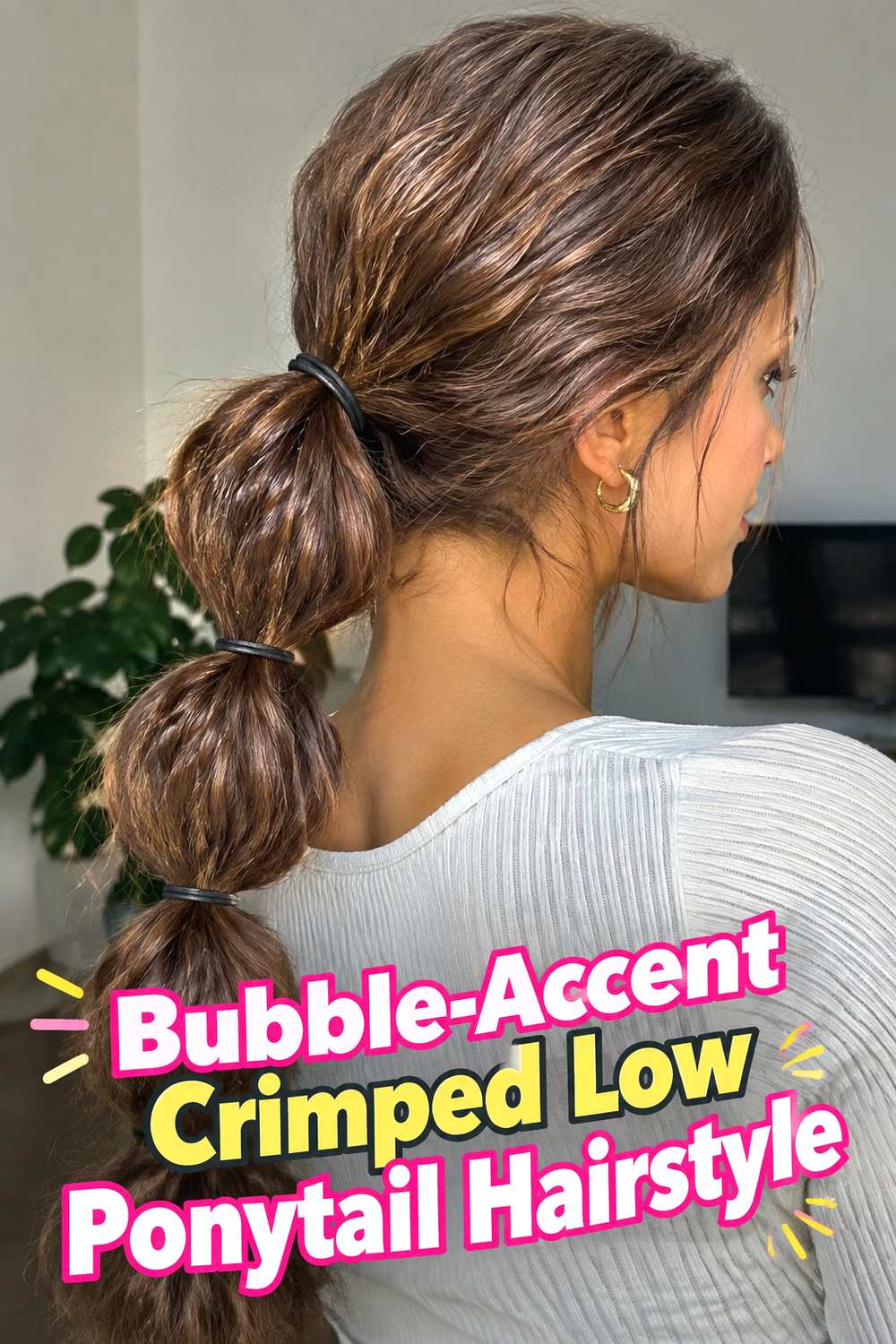 Bubble-Accent Crimped Low Ponytail Hairstyle