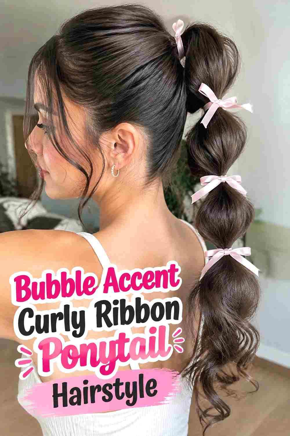 6. Bubble Accent Curly Ribbon Ponytail Hairstyle