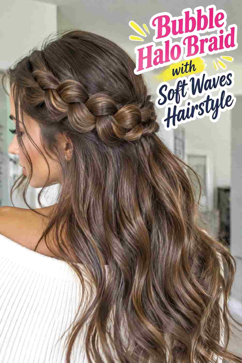 8. Bubble Halo Braid With Soft Waves Hairstyle