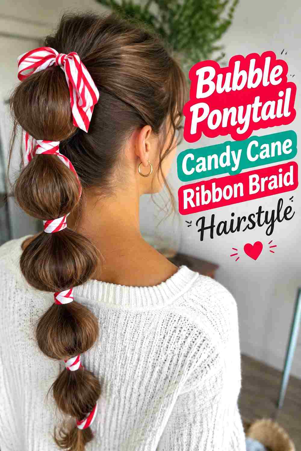 10. Bubble Ponytail Candy Cane Ribbon Braid Hairstyle