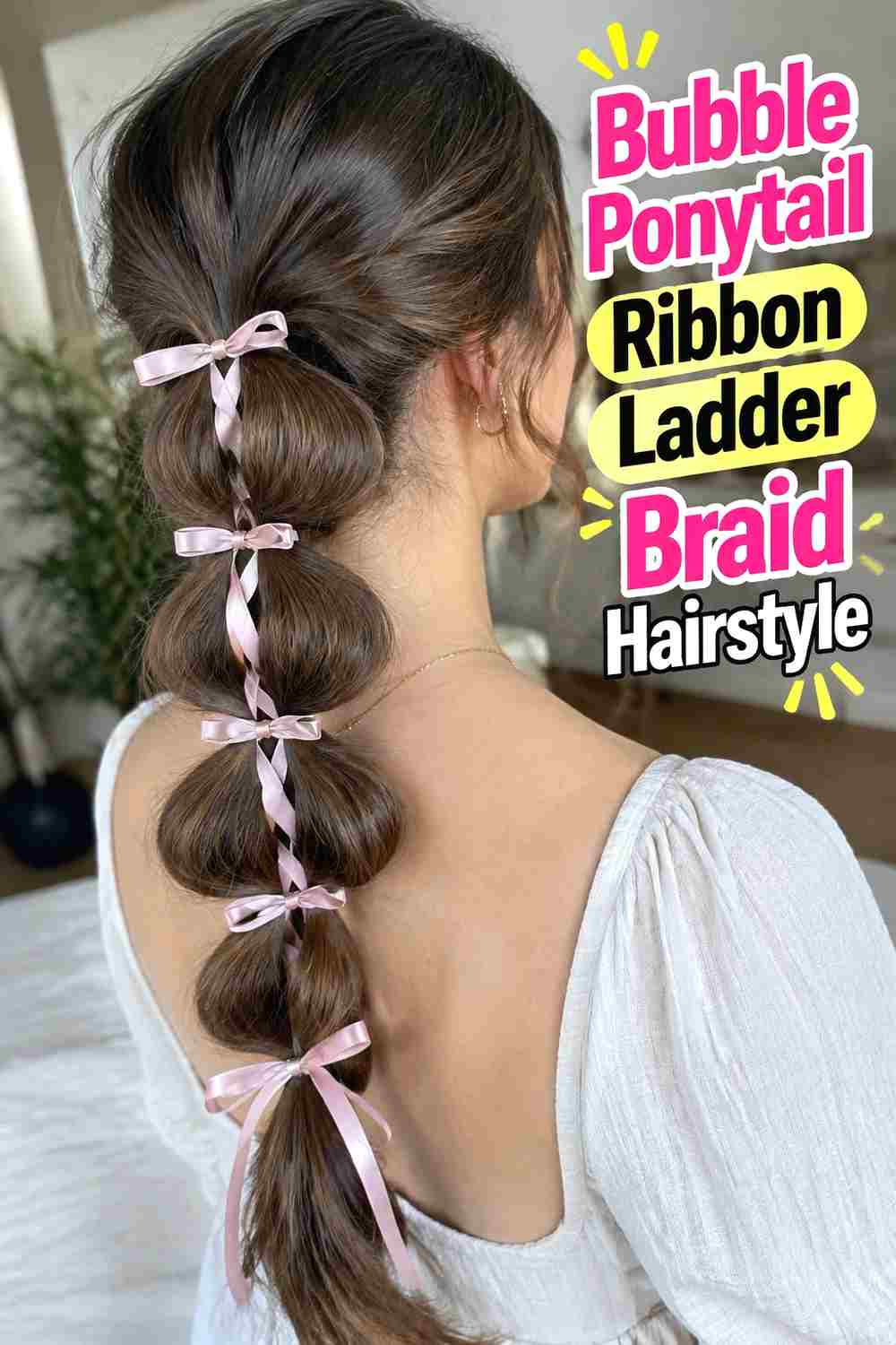 13. Bubble Ponytail Ribbon Ladder Braid Hairstyle