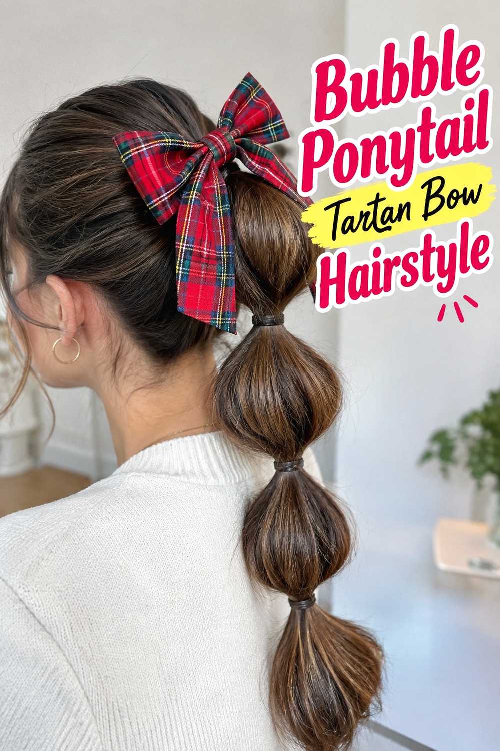 11. Bubble Ponytail Tartan Bow Hairstyle