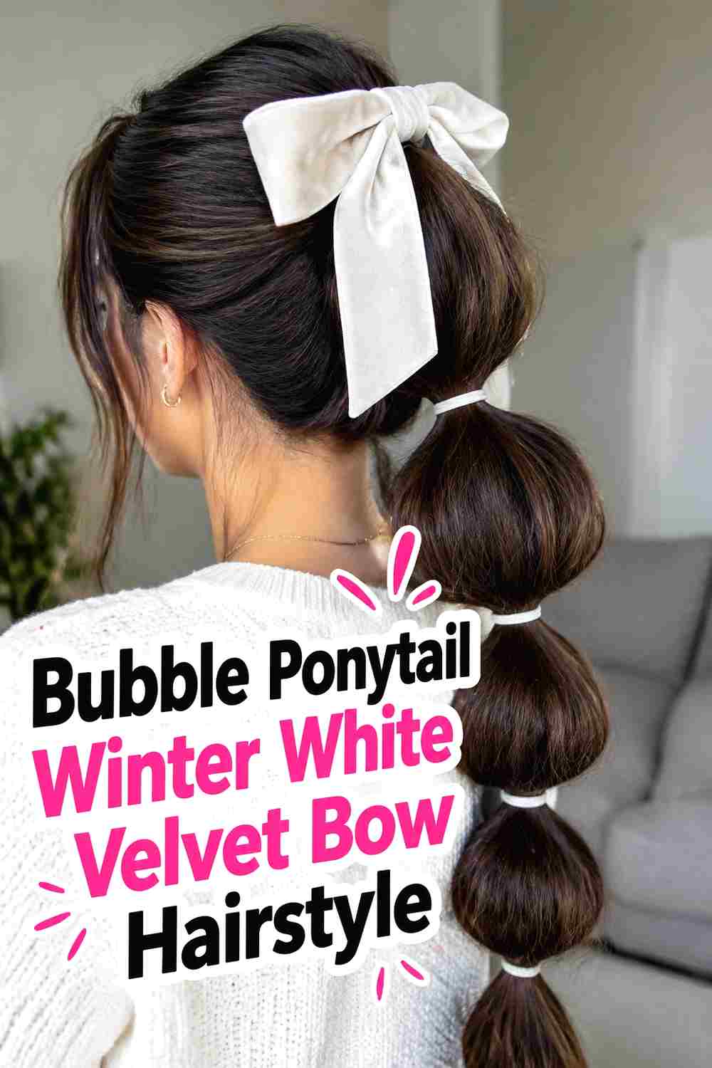 8. Bubble Ponytail Winter White Velvet Bow Hairstyle