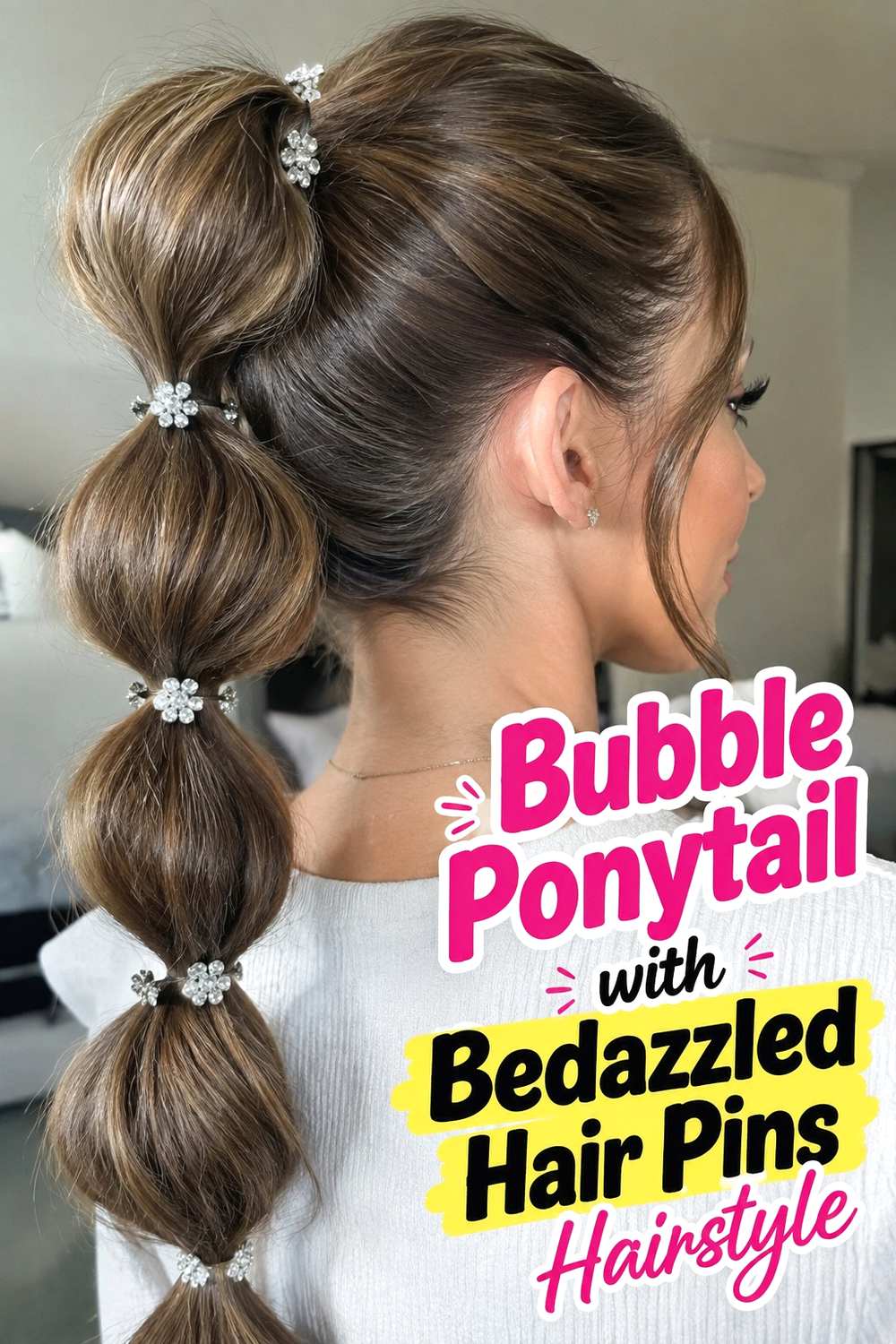 11. Bubble Ponytail With Bedazzled Hair Pins Hairstyle