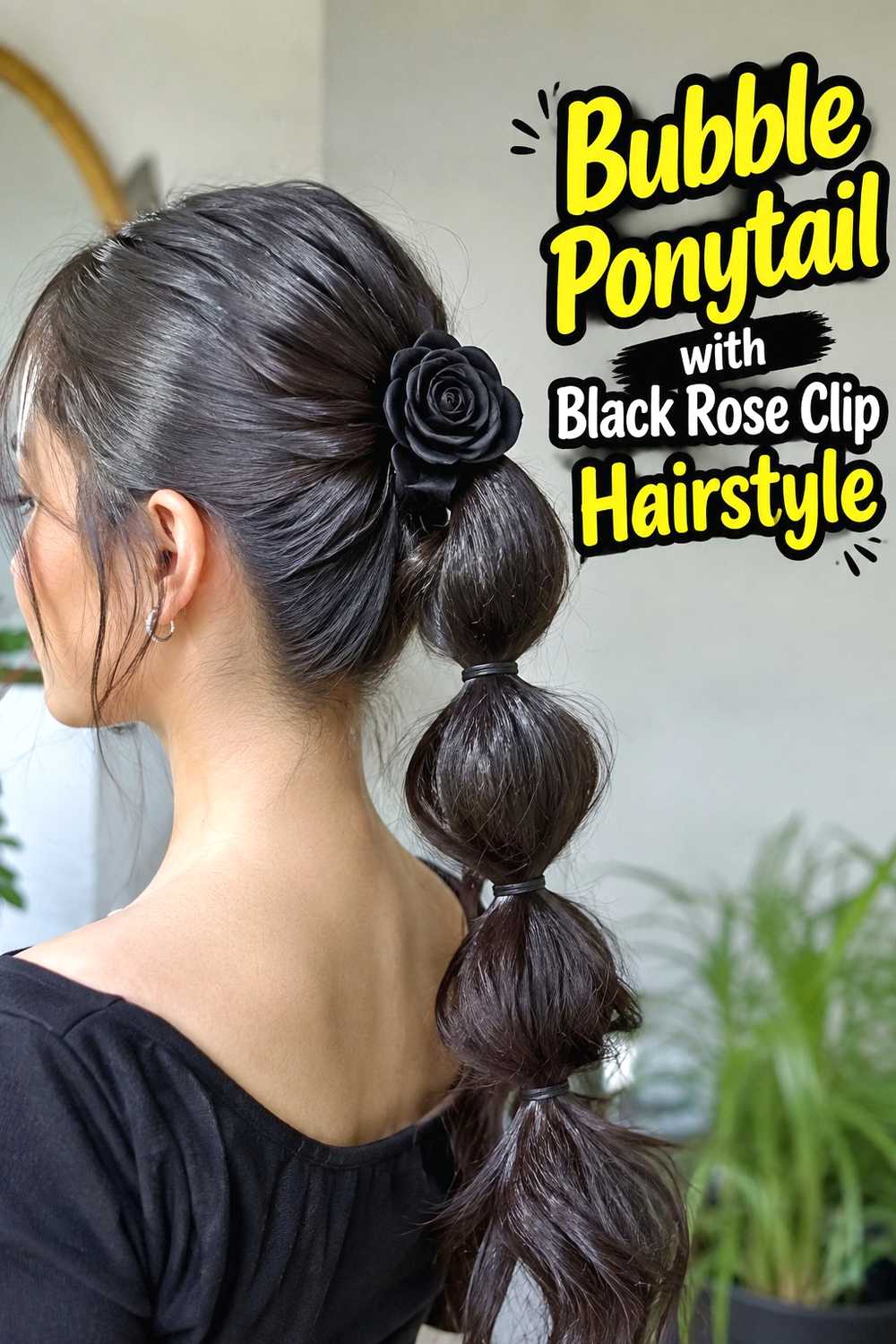 12. Bubble Ponytail With Black Rose Clip Hairstyle