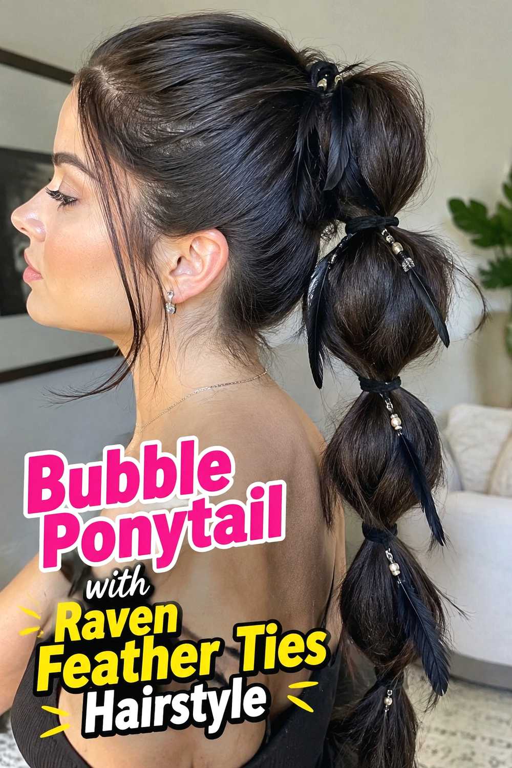 13. Bubble Ponytail With Raven Feather Ties Hairstyle