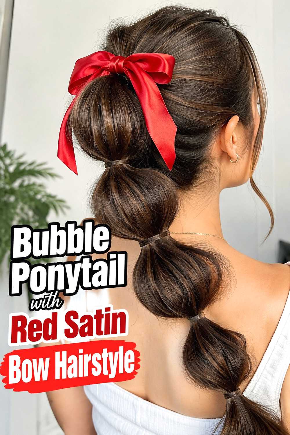 4. Bubble Ponytail With Red Satin Bow Hairstyle