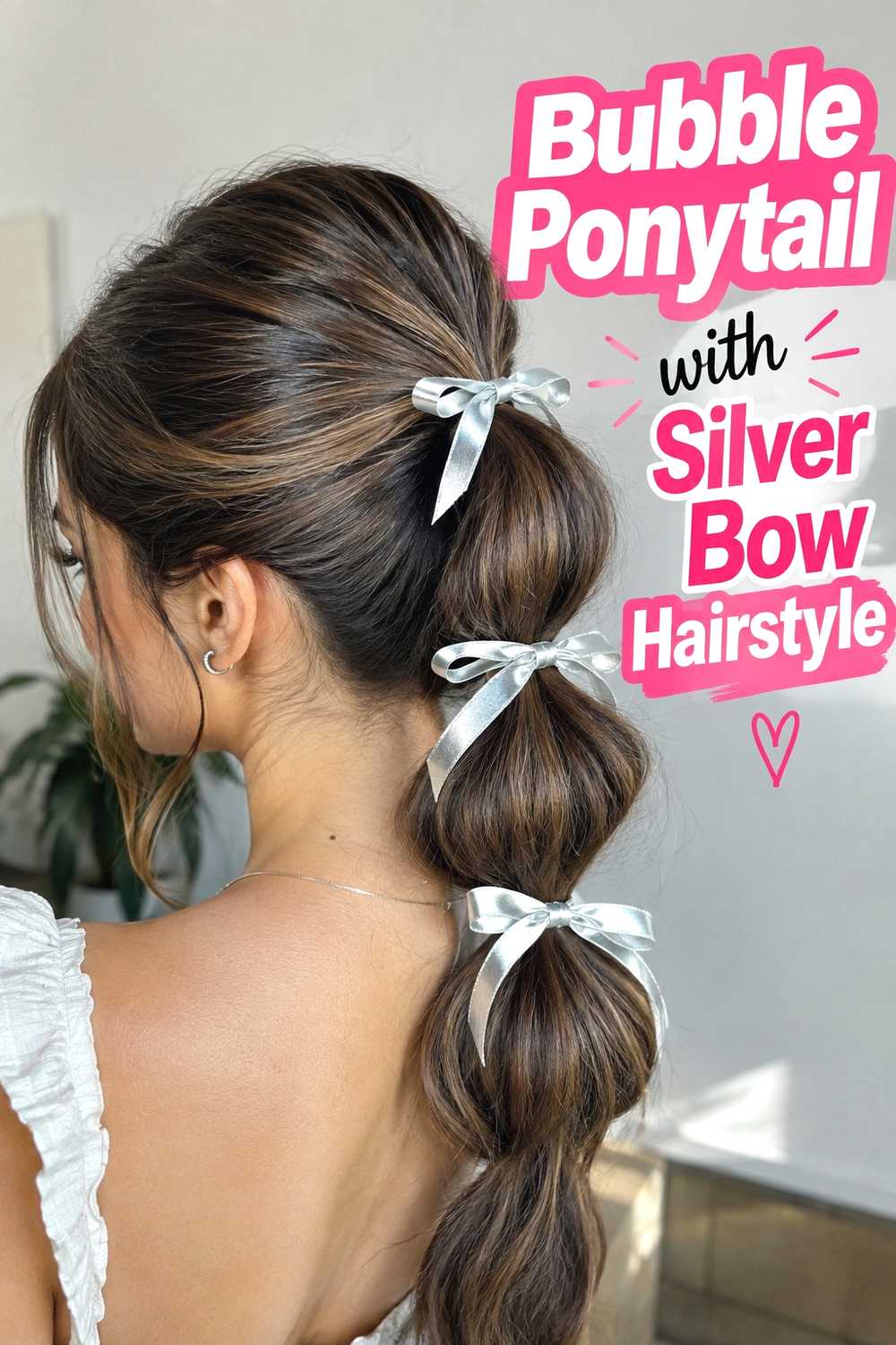 9. Bubble Ponytail With Silver Bow Hairstyle