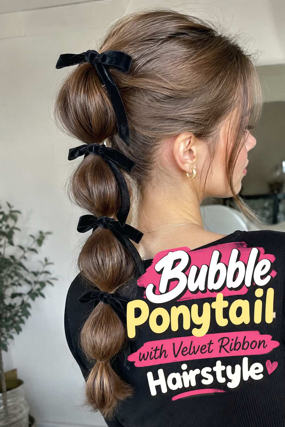 Bubble Ponytail with Velvet Ribbon Hairstyle