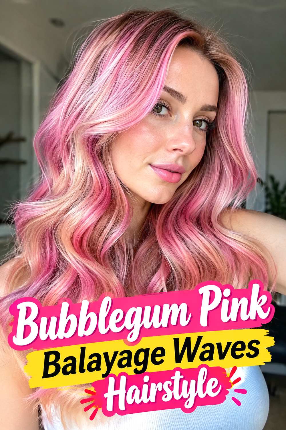 Bubblegum Pink Balayage Waves Hairstyle