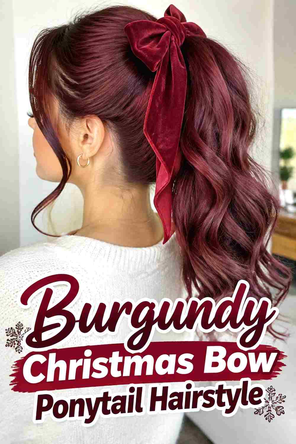 15. Burgundy Christmas Bow Ponytail Hairstyle