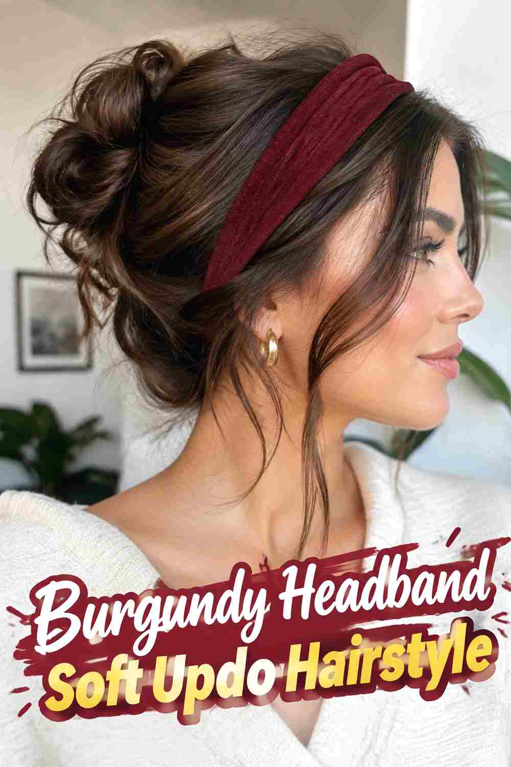 9. Burgundy Headband Soft Updo Hairstyle