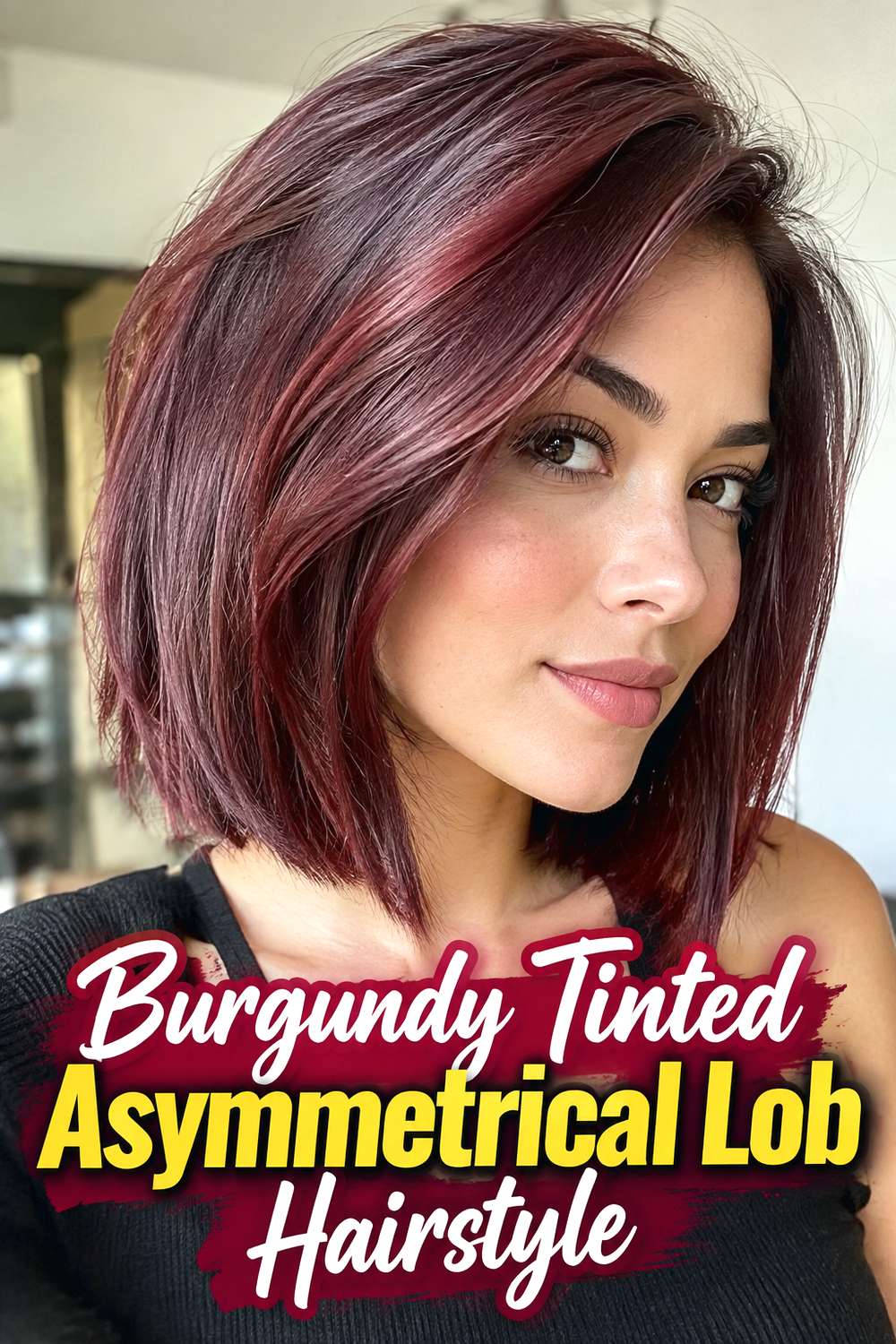 Burgundy Tinted Asymmetrical Lob Hairstyle