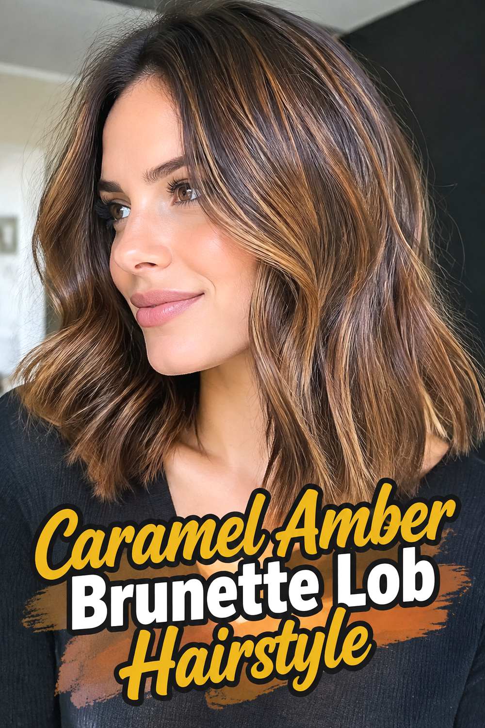 Caramel Amber Brunette Lob Hairstyle