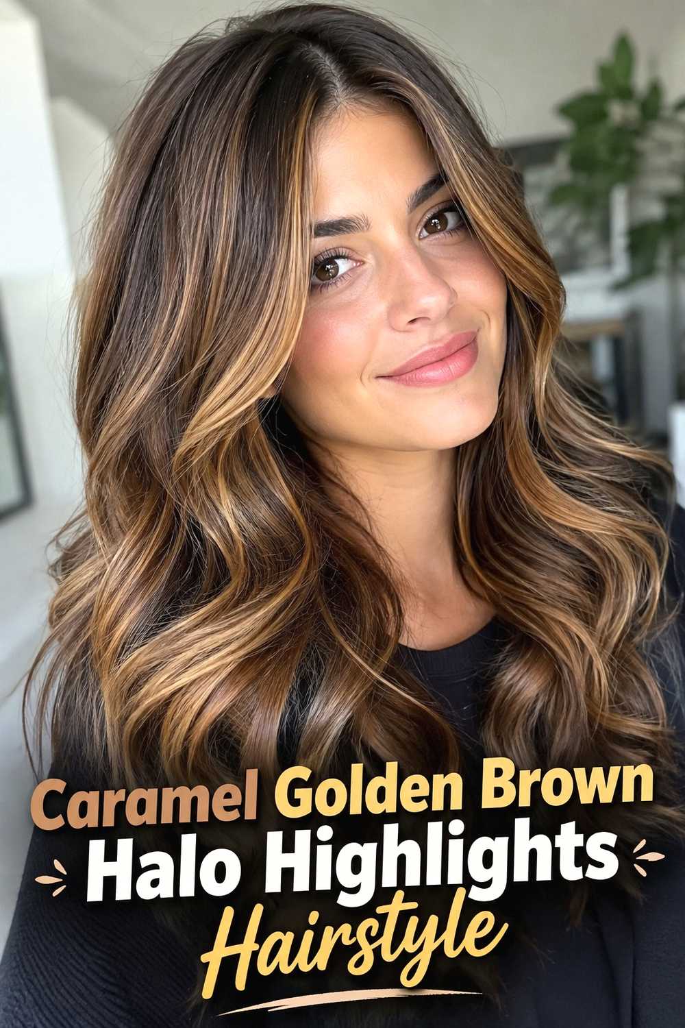 2. Caramel Golden Brown Halo Highlights Hairstyle