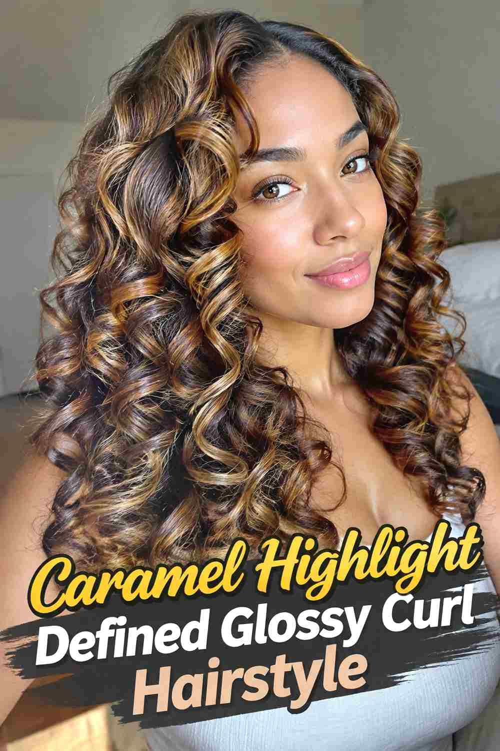 16. Caramel Highlight Defined Glossy Curl Hairstyle