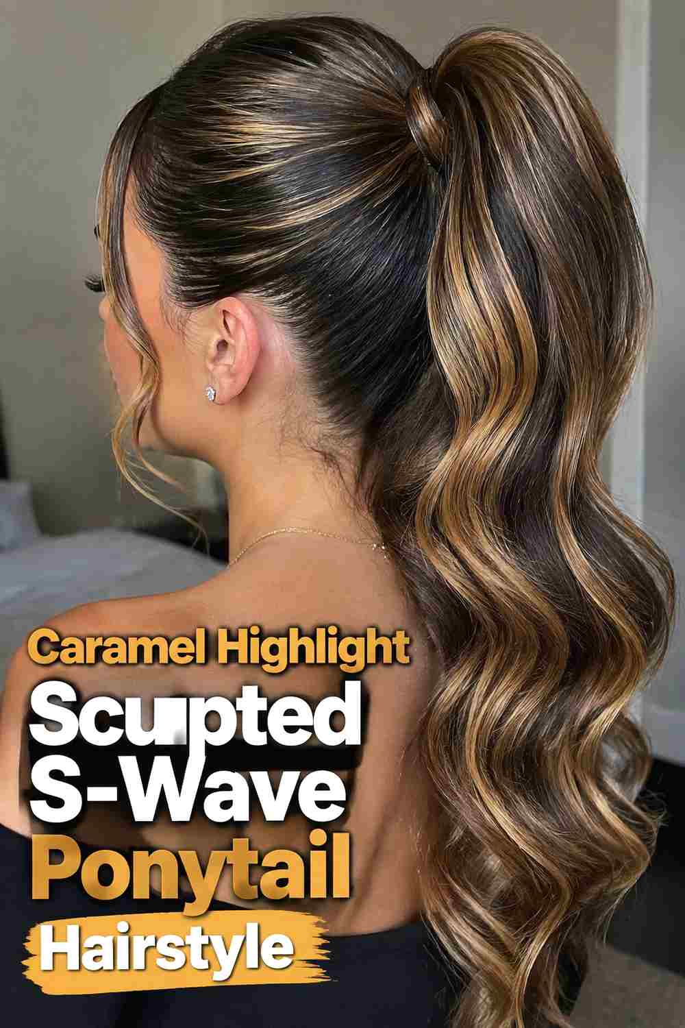 17. Caramel Highlight Sculpted S Wave Ponytail Hairstyle