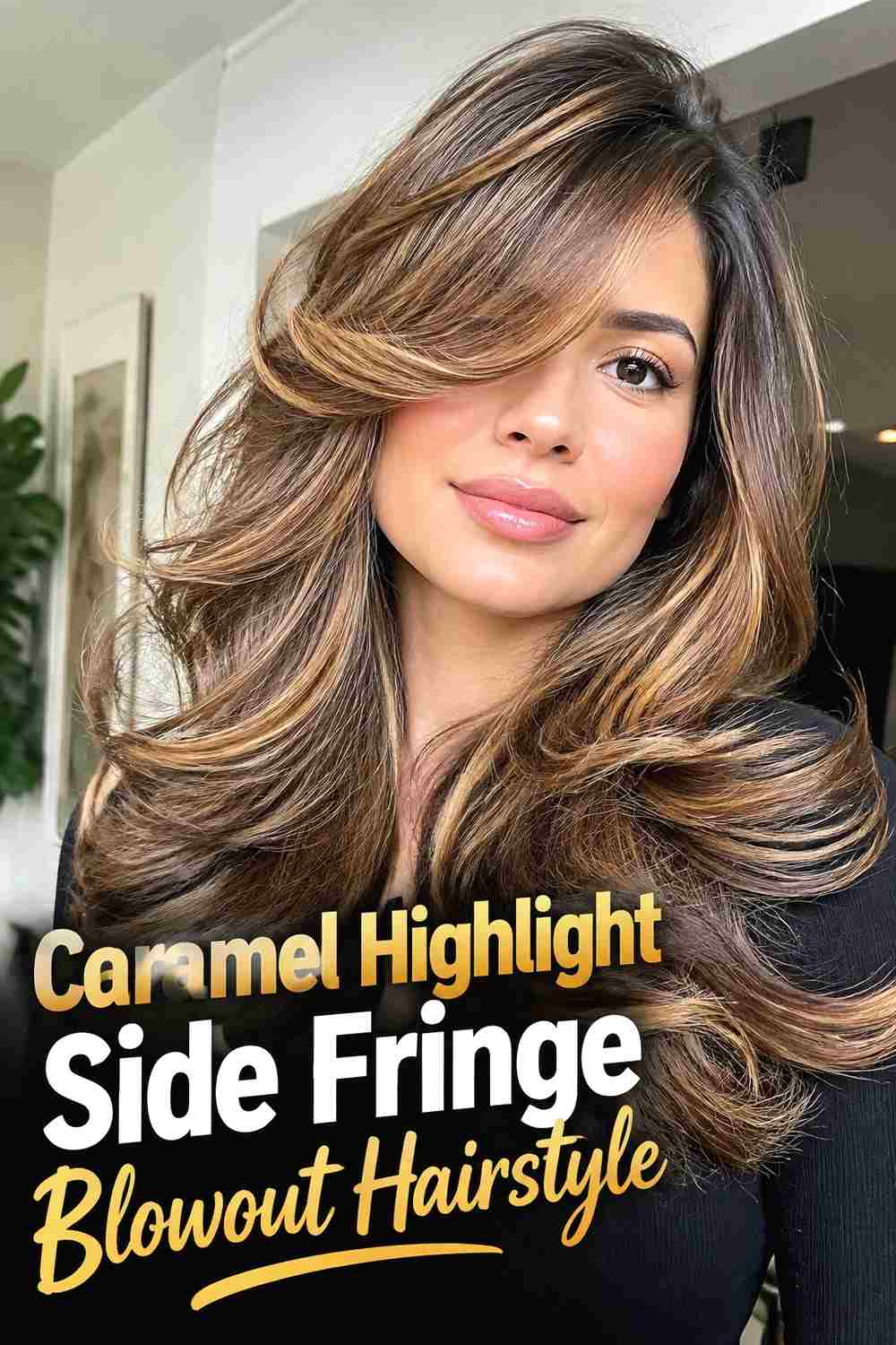 9. Caramel Highlight Side Fringe Blowout Hairstyle