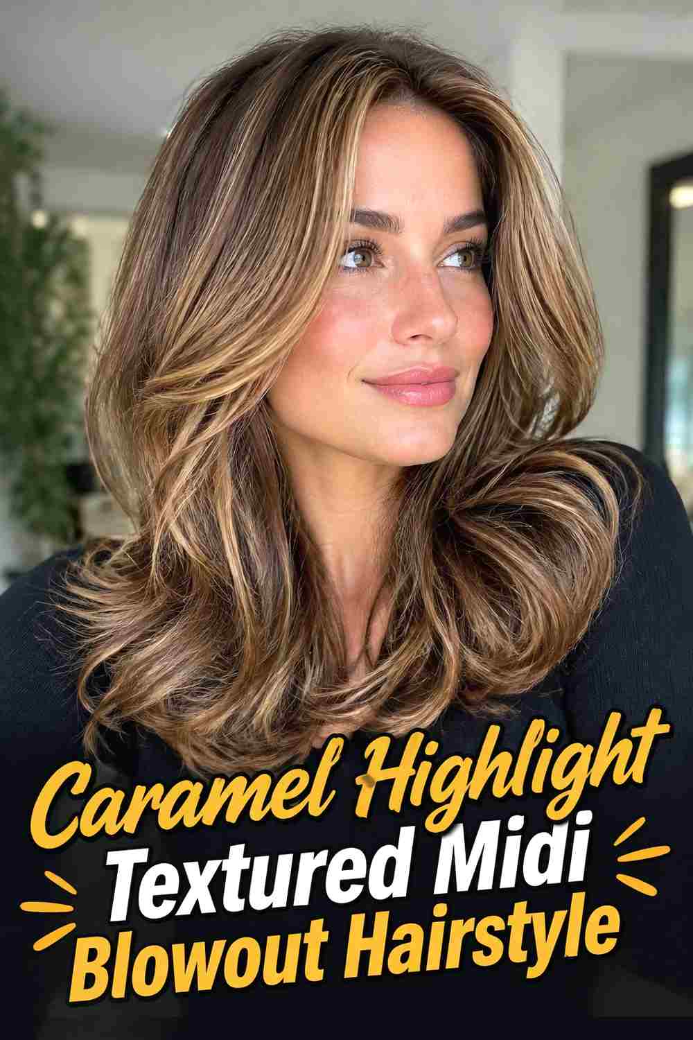 16. Caramel Highlight Textured Midi Blowout Hairstyle
